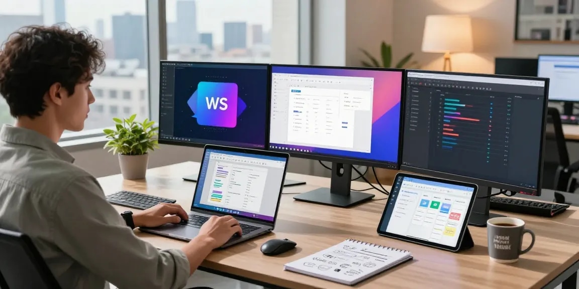 Innovative workspace featuring WPS Official Website applications displayed on multiple monitors, promoting productivity and efficiency.