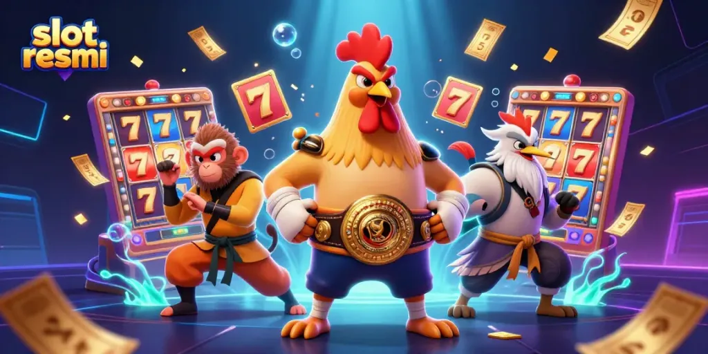 Spin the reels with the slot resmi-themed 3D characters and vibrant casino elements in this illustration.