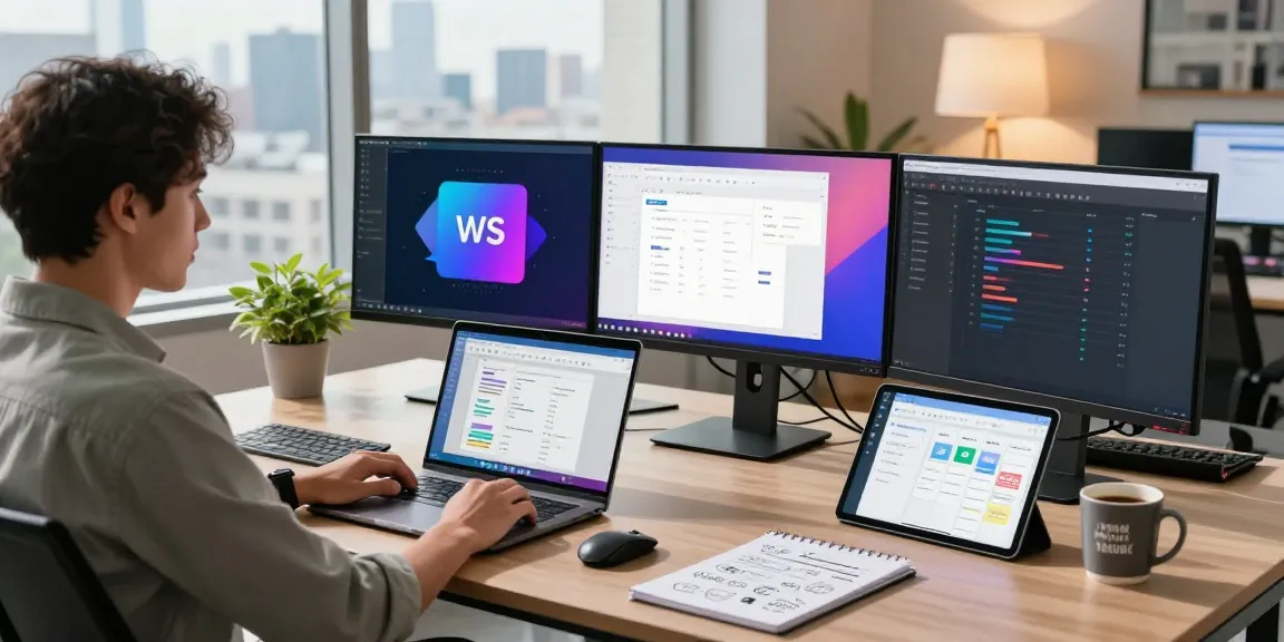 Innovative workspace featuring WPS Official Website applications displayed on multiple monitors, promoting productivity and efficiency.