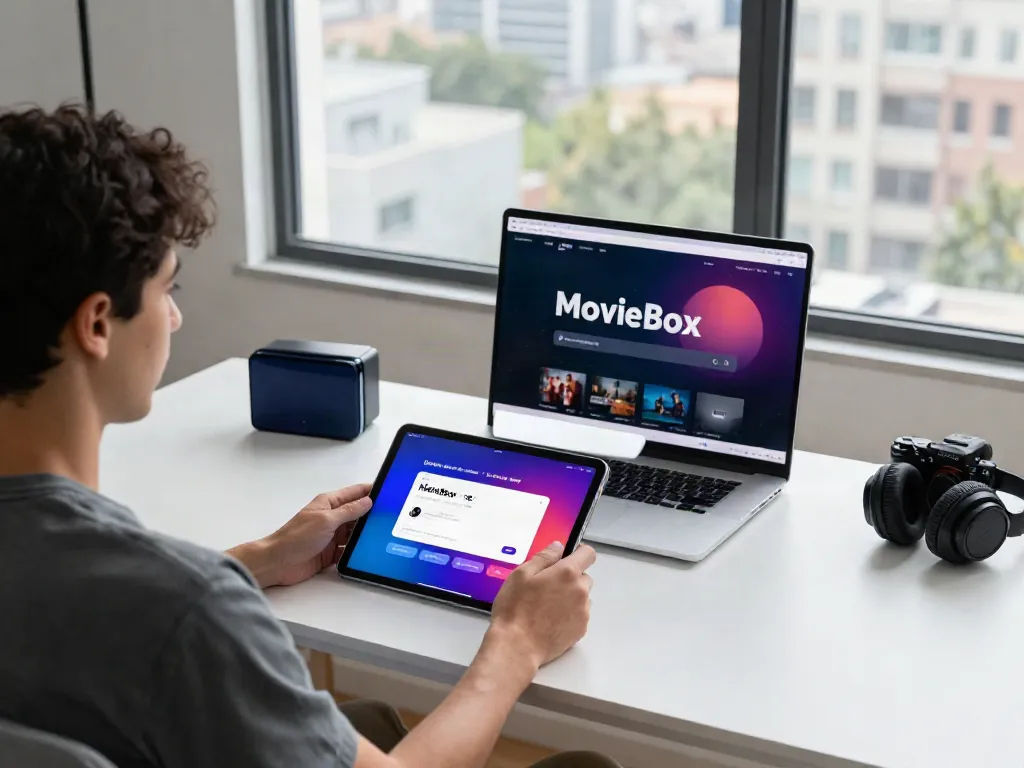 Dynamic scene of a user downloading the movie box app in a modern home office, showcasing tech gadgets.