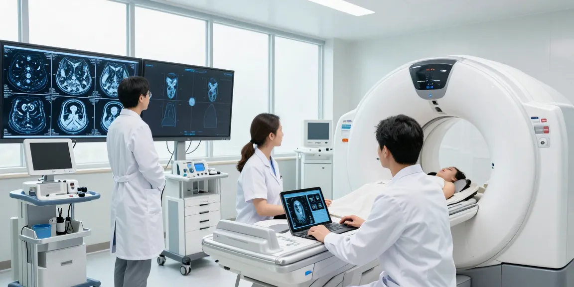 Medical imaging equipment in use by radiologist and technician in a bright healthcare setting.