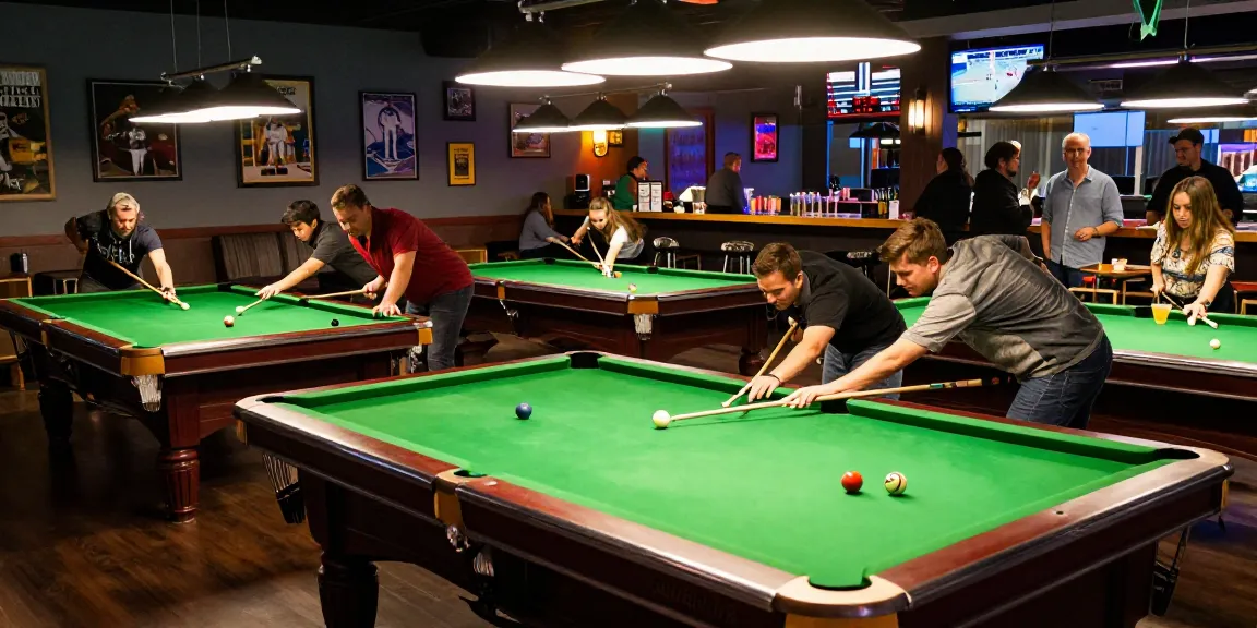 Billiard near me Mississauga scene showing friends playing pool at Crooked Cue, lively atmosphere with drinks and food.