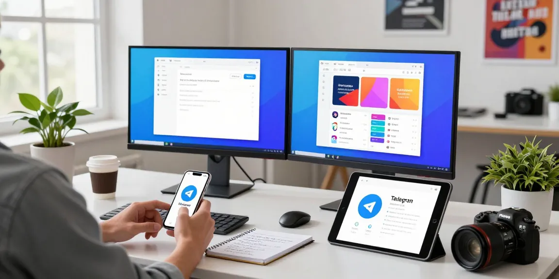 Workspace featuring a user engaging with the Telegram Chinese interface on dual monitors, highlighting the app's functions and translation features in a modern tech environment.