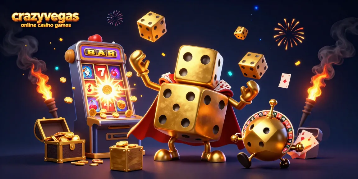 Experience the excitement of crazyvegas online casino games with a vibrant scene featuring golden dice, slots, and dynamic casino elements.